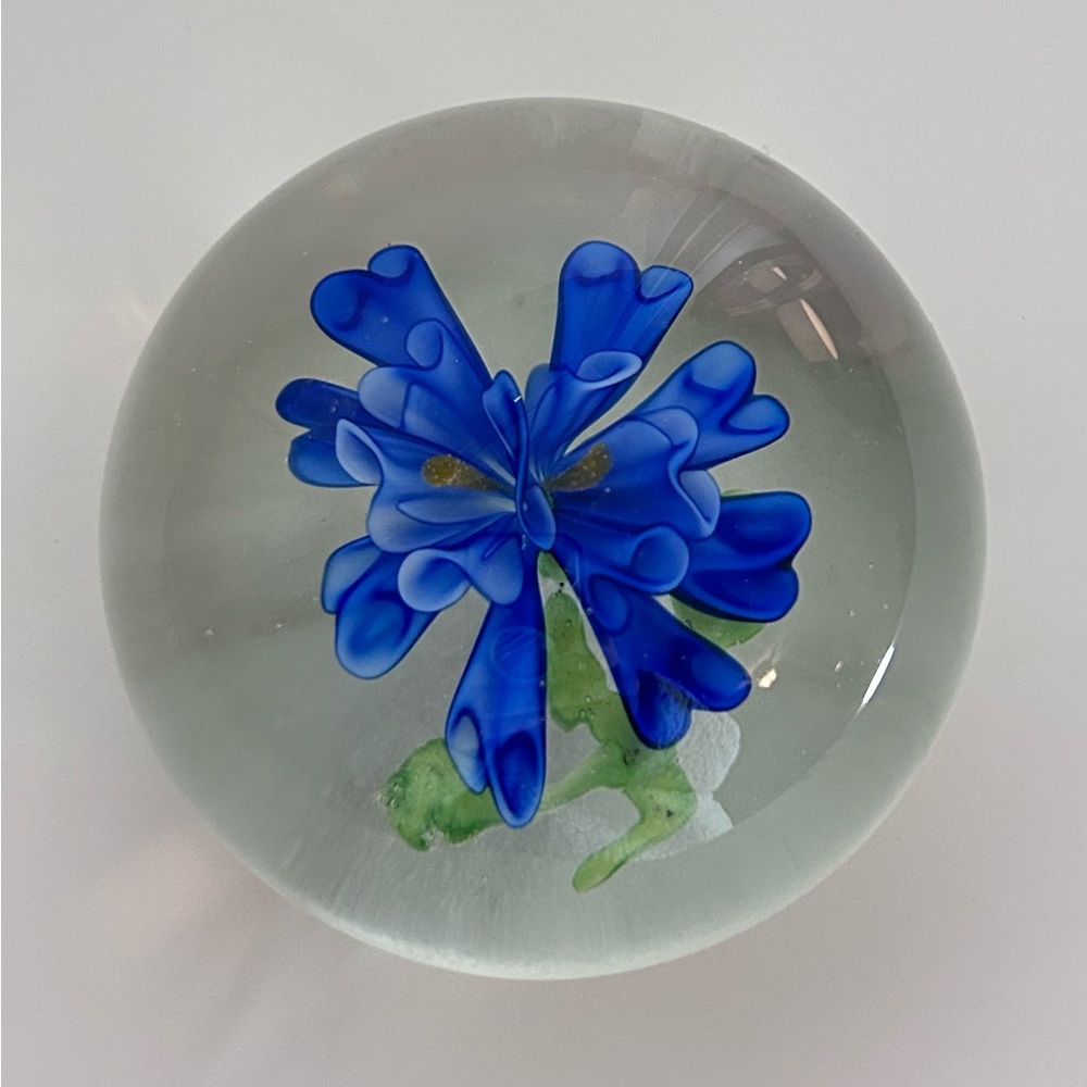 Art Studio Blue Flower Blown Glass 3” Decorative Paperweight
